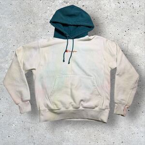 Champion Reverse Weave Hoodie Tie-Dye Upcycled Pastel Pullover Teal Hood Size L